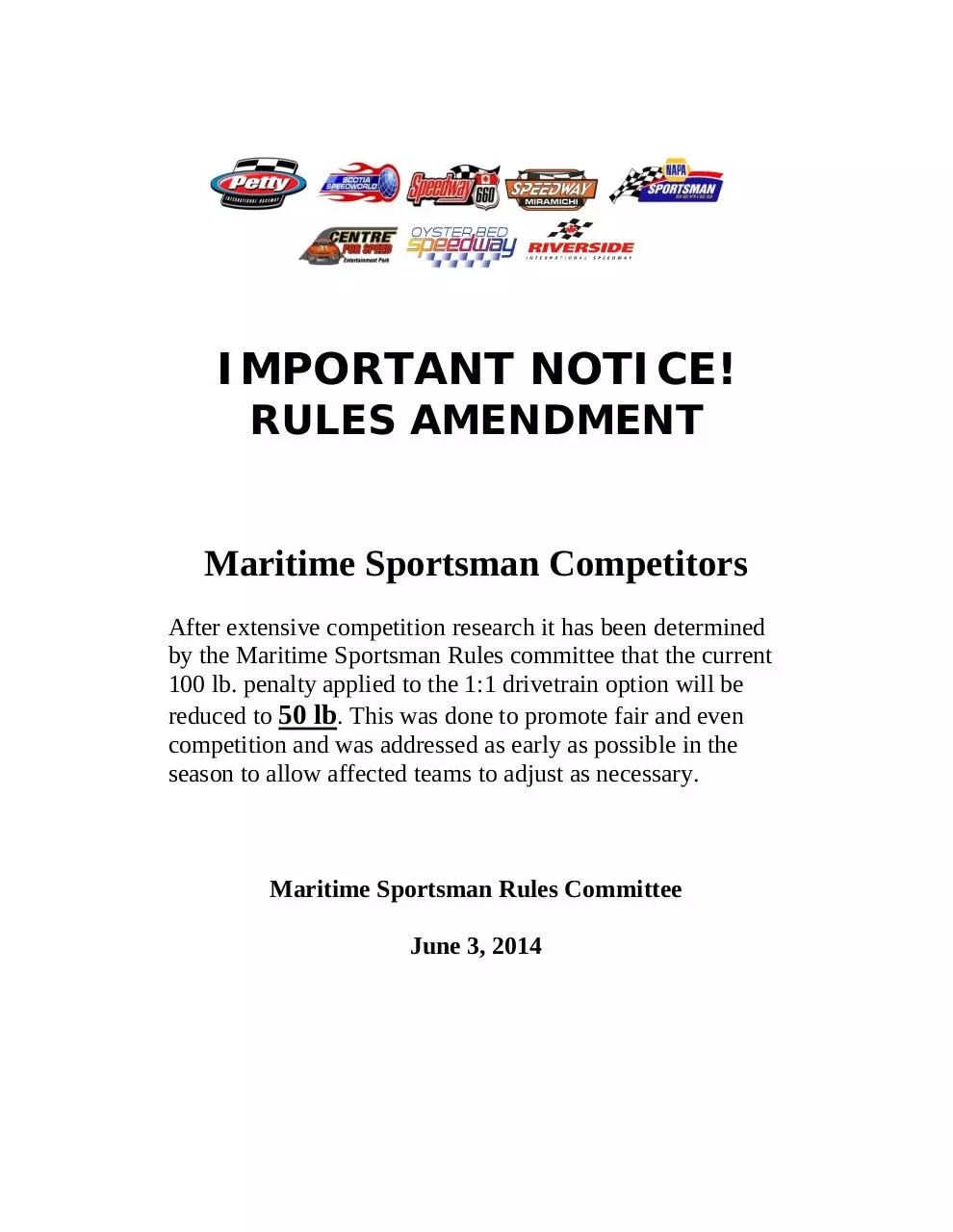Page 1 of 1, Sportsman Rules Amendment June 3, 2014