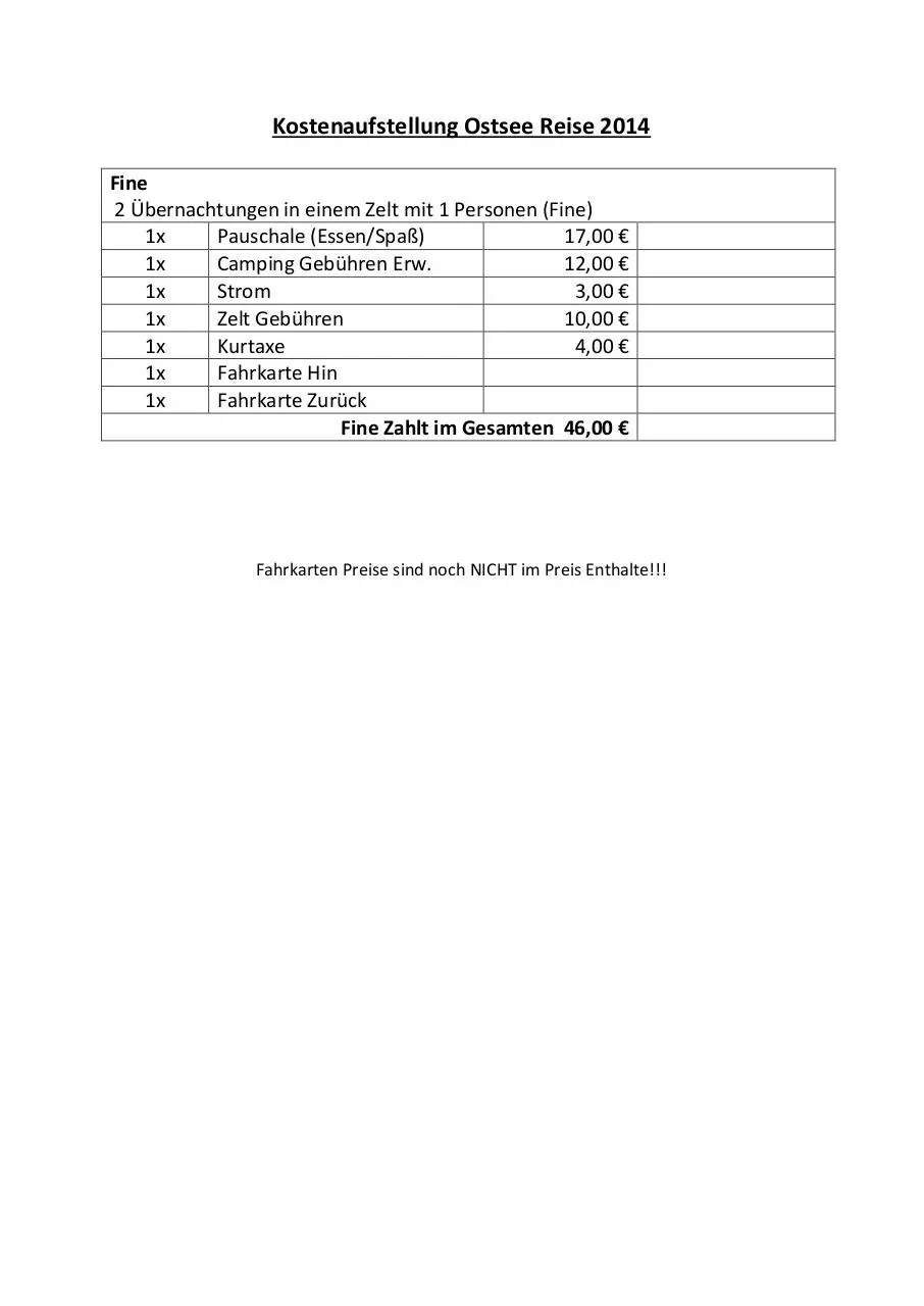 Document preview - Fine-Kostenaufstellung  Ostsee Reise 2014.pdf - Page 1/1