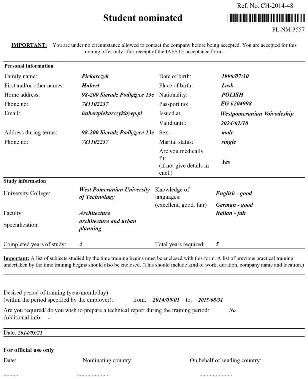 Page 1 of 19, Nomination Documents Hubert Piekarczyk