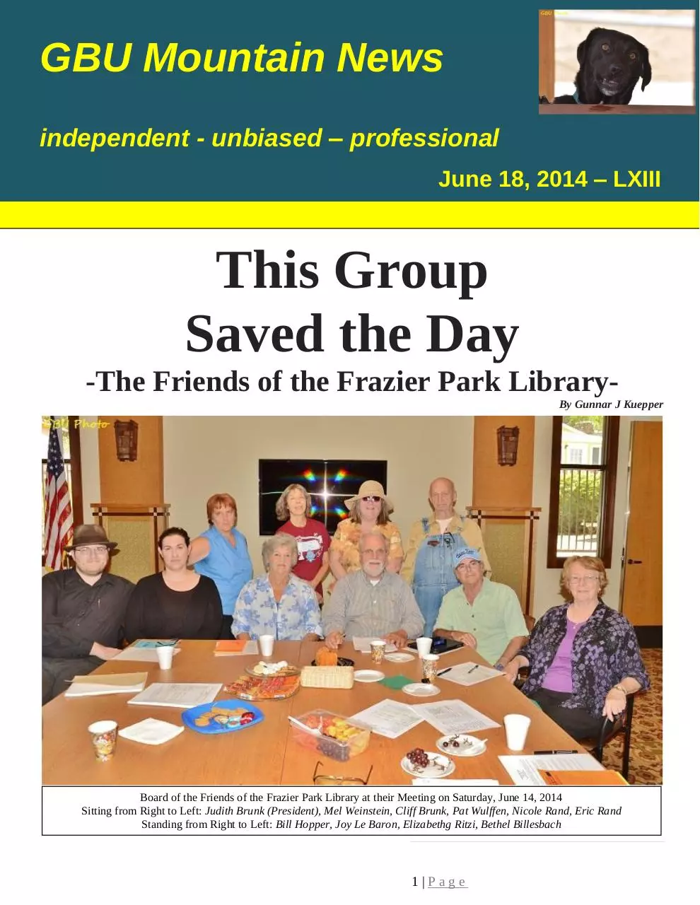 Page 1 of 38, GBU Mountain News LXIII June 18, 2014