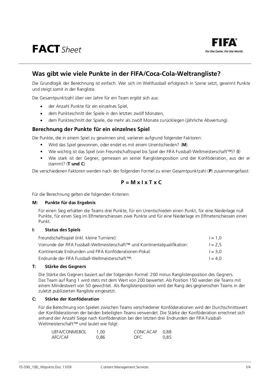 Page 1 of 4, FIFA Ranking Fact Sheet