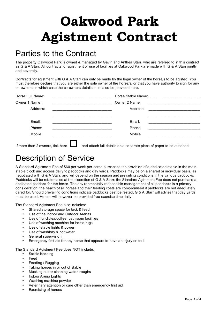 Document preview Oakwood Park Agistment Contract May14.pdf - page 1/4
