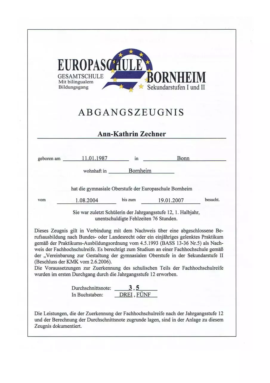 Page 1 of 1, Zeugnis Fachabitur Zechner