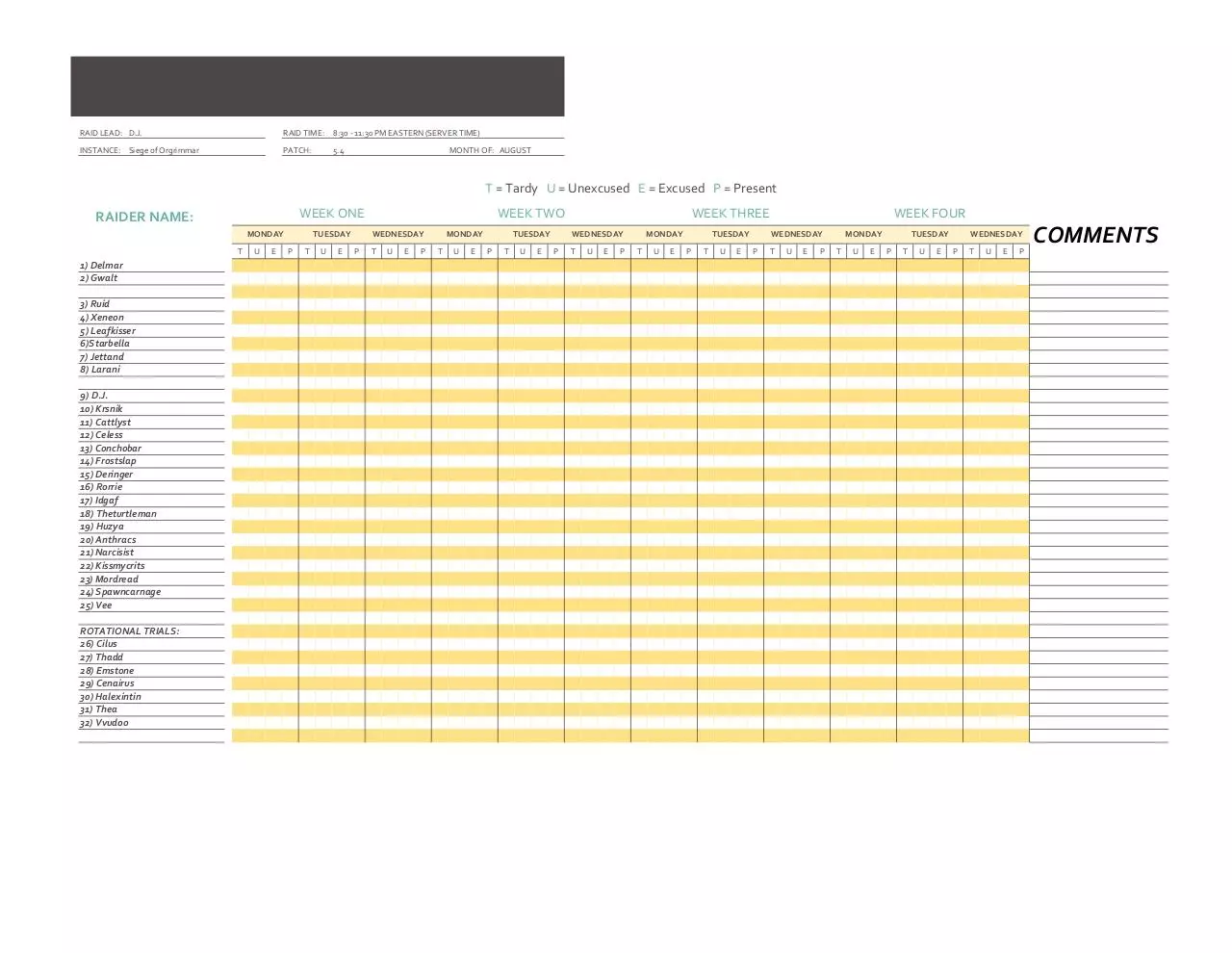 Page 1 of 1, Harbinger Mythic Attendance Tracking Sheet