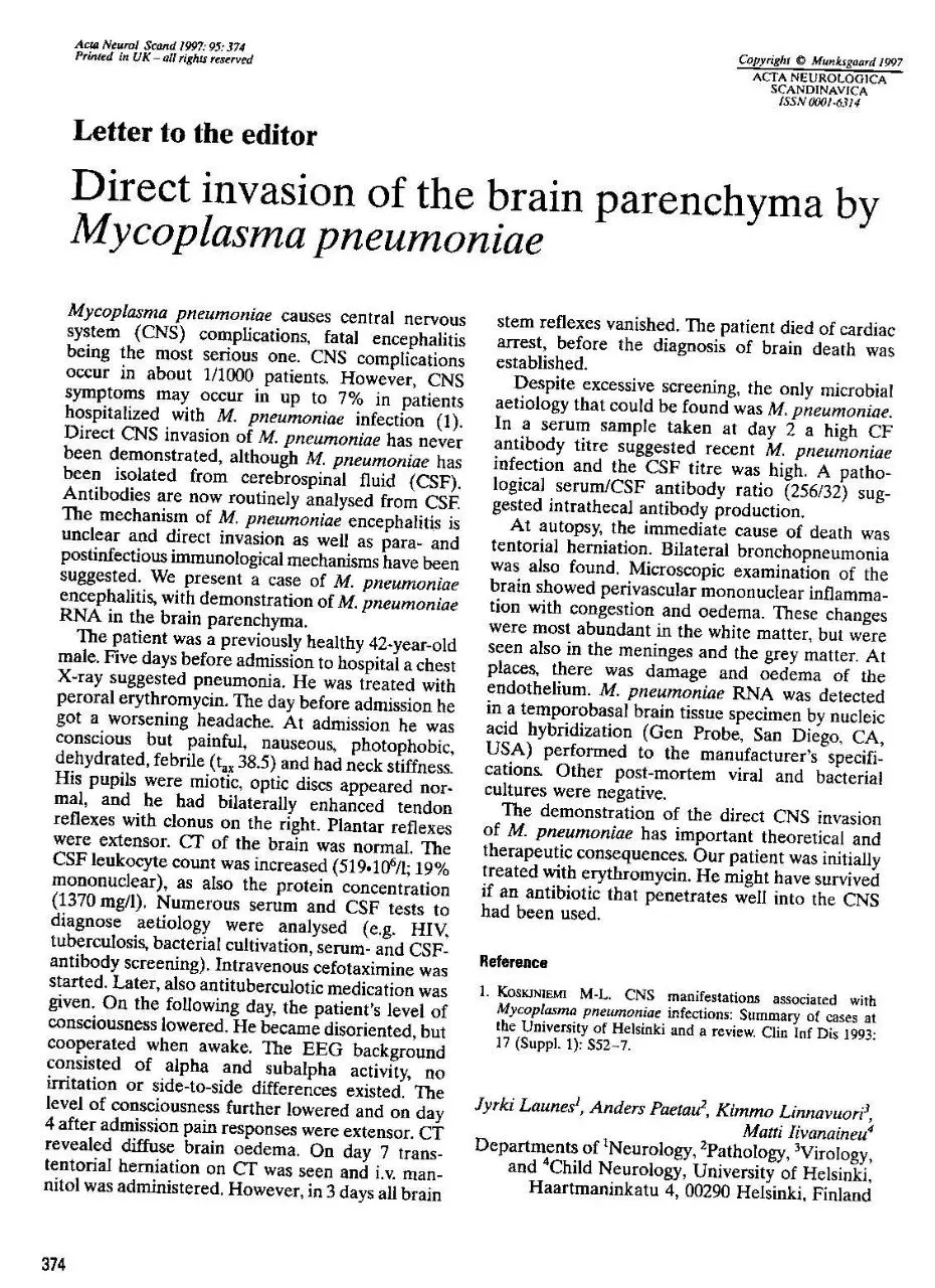 Page 1 of 1, direct invasion of mycoplasma to cns