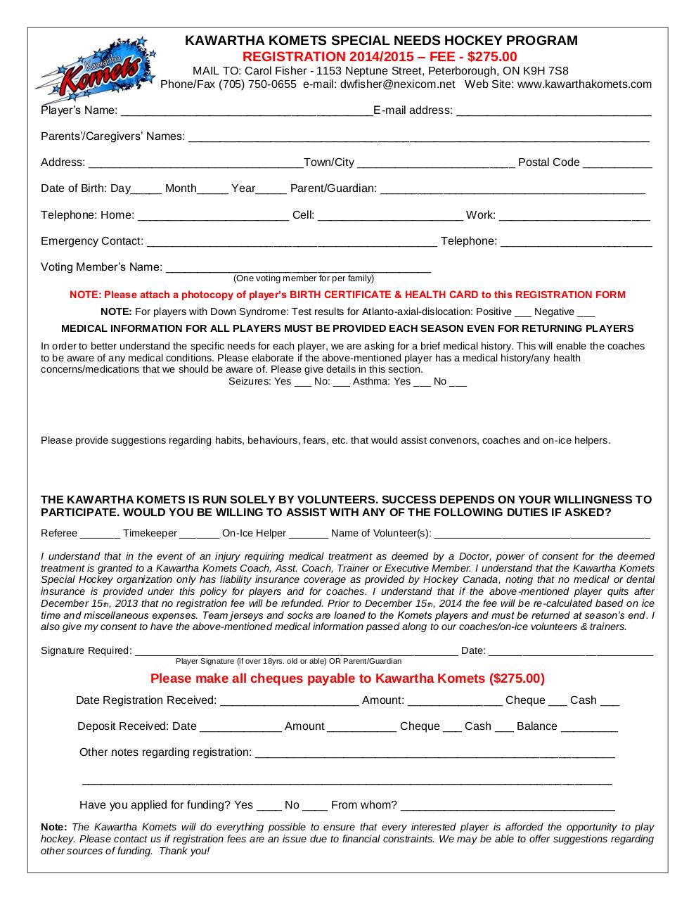 Document preview Kawartha Komets 2014-2015 Registration Form.pdf - page 1/1