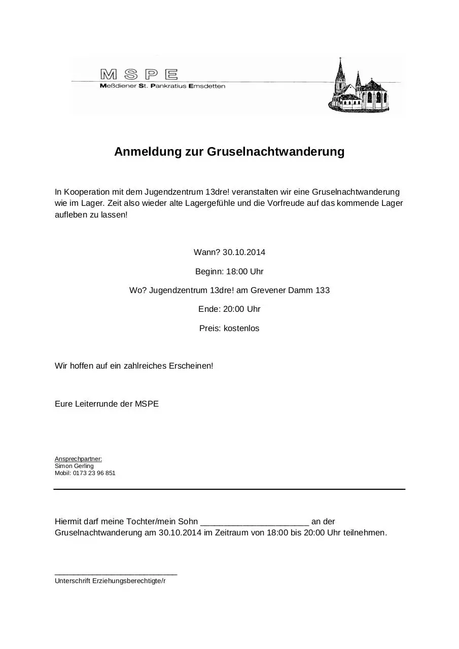 Page 1 of 1, Anmeldung zur Gruselnachtwanderung am 30.10.2014