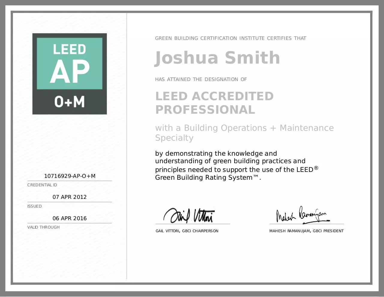 Page 1 of 1, Joshua Smith Building Operations + Maintenance Credential