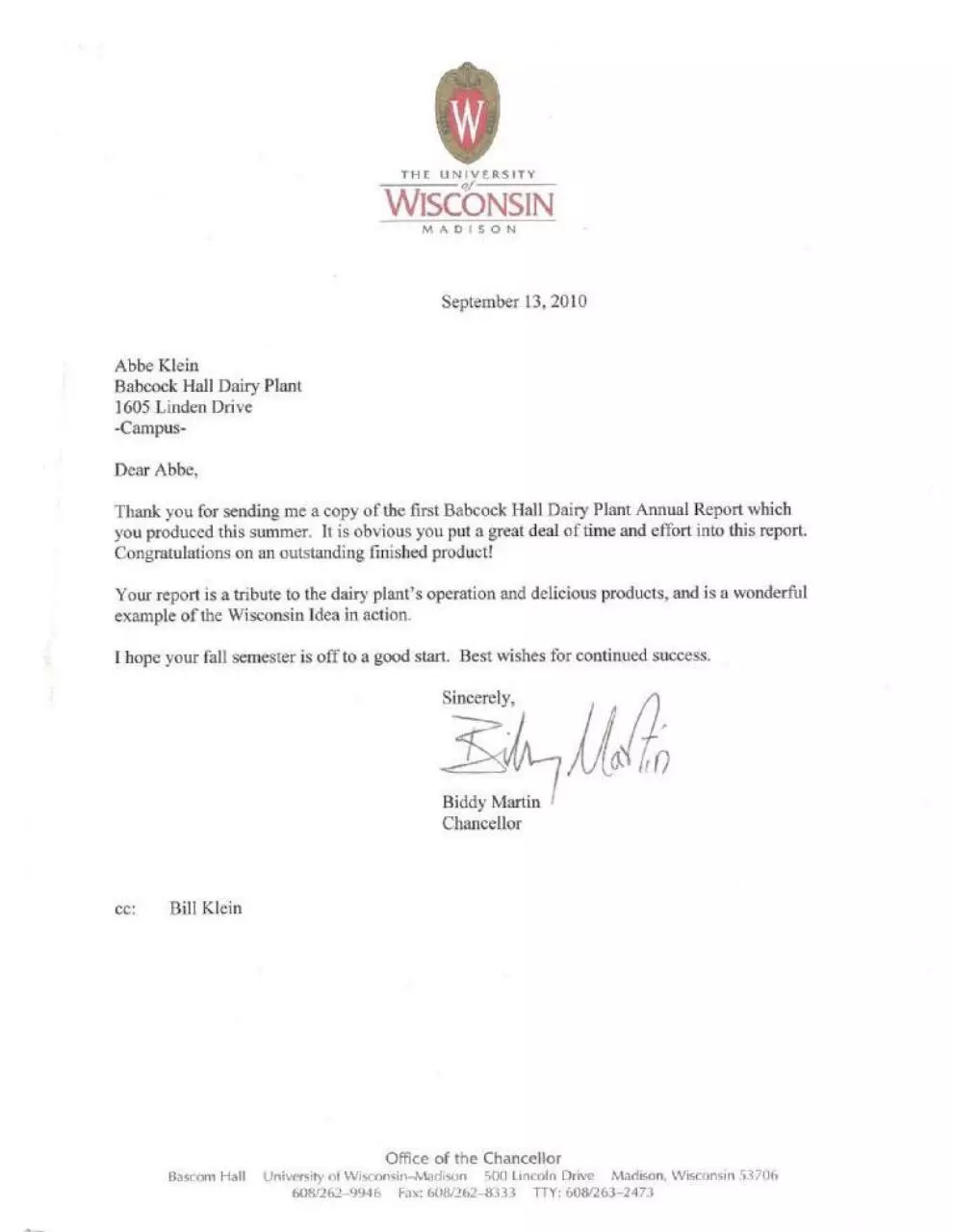 Page 1 of 1, Letter from Chancellor Martin