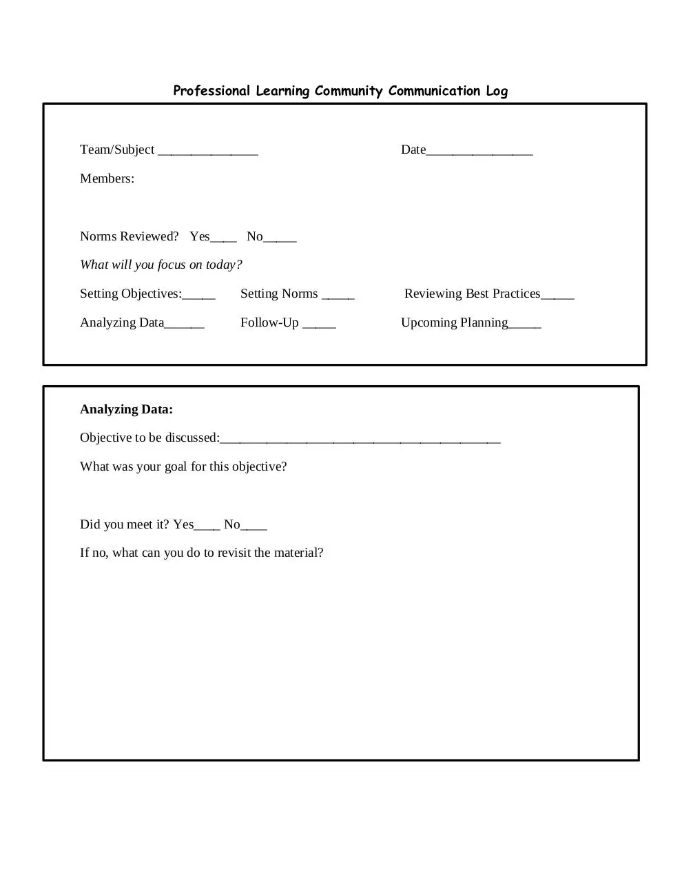 Page 1 of 2, Professional Learning Community Communication Log (PDF)