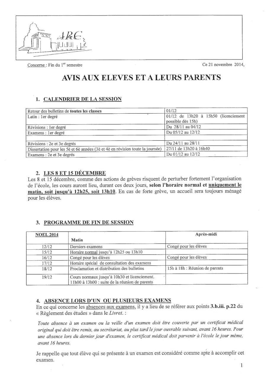 Page 1 of 2, AVIS Fin de 1er semestre 2014 2015 ARC