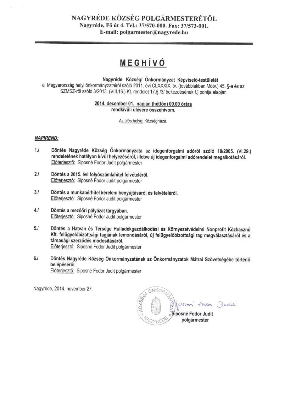 Page 1 of 1, Meghívó testületi ülésre 2014 12 01