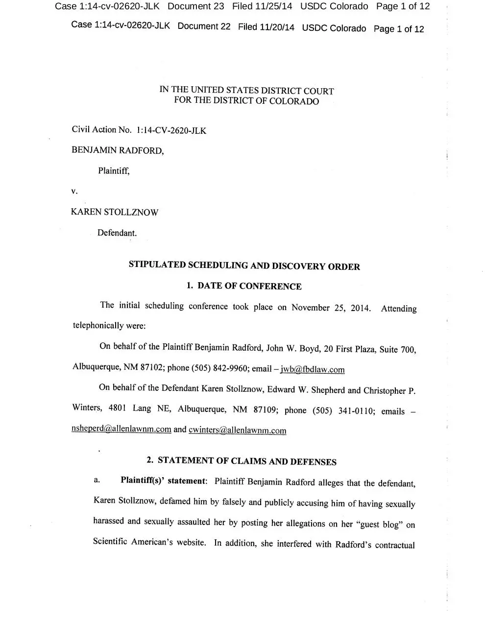 Page 1 of 12, Radford Stollznow Filing 2014Nov25
