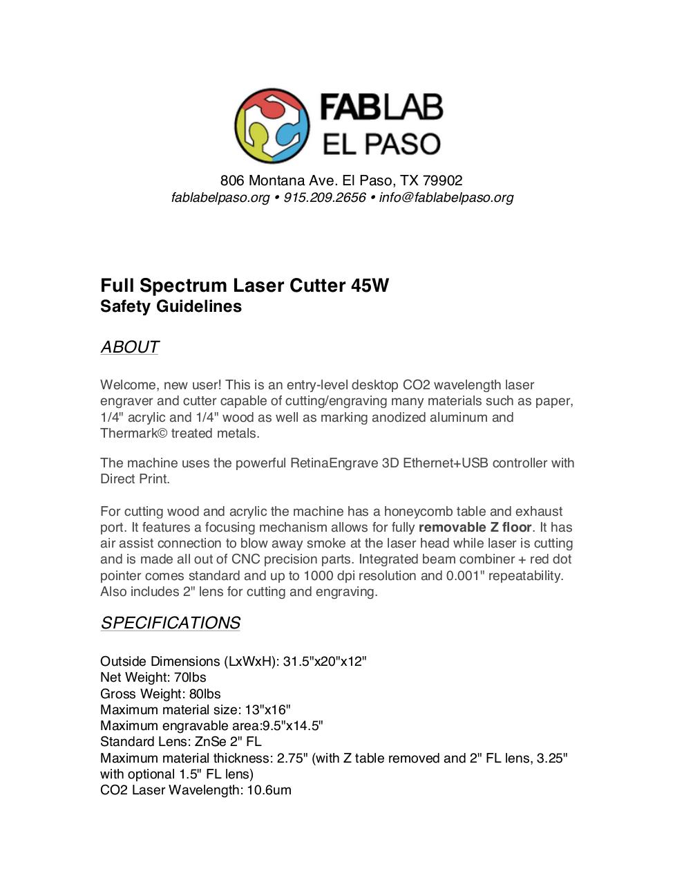 Document preview Full Spectrum Laser Cutter 45W Safety.pdf - page 1/4