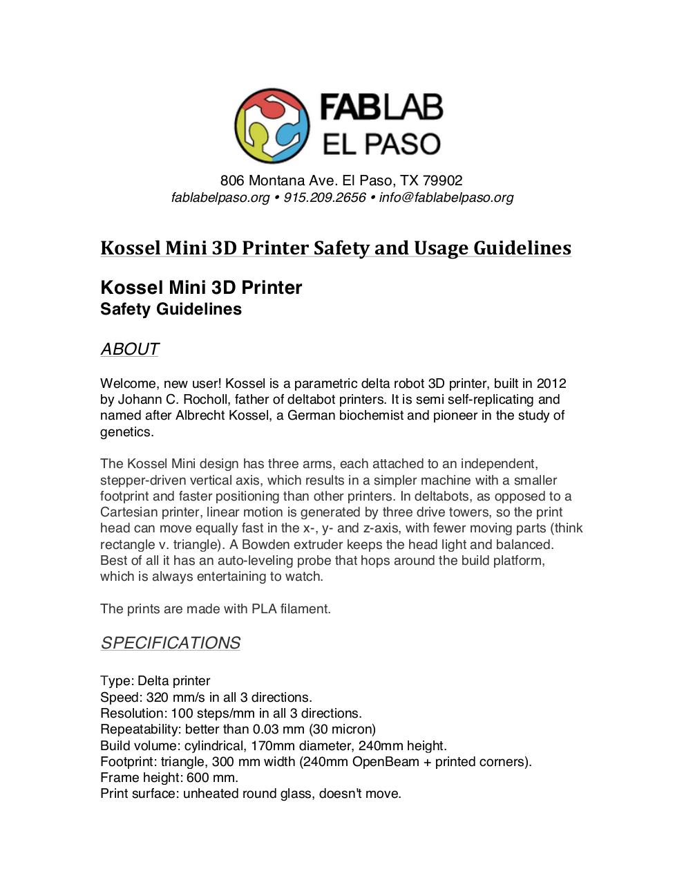 Document preview Kossel Mini 3D Printer Safety and Usage Guidelines.pdf - page 1/5