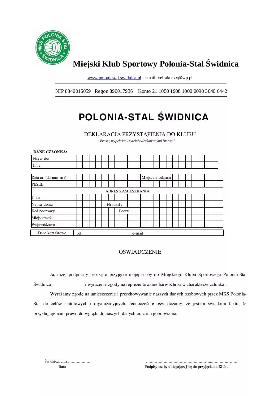 Page 1 of 1, Deklaracja przyst pienia do klubu 1