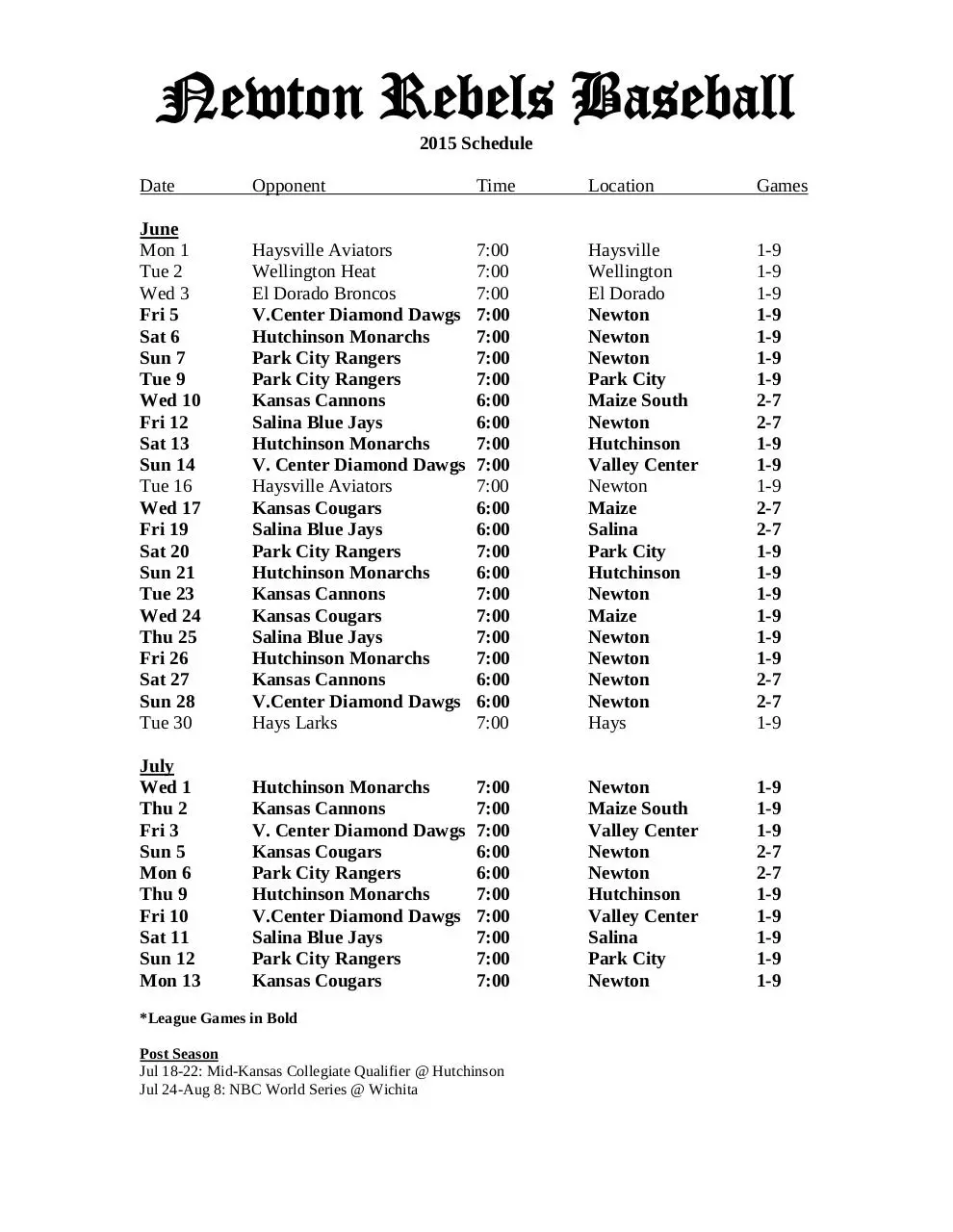 Page 1 of 1, 2015 Rebels Schedule