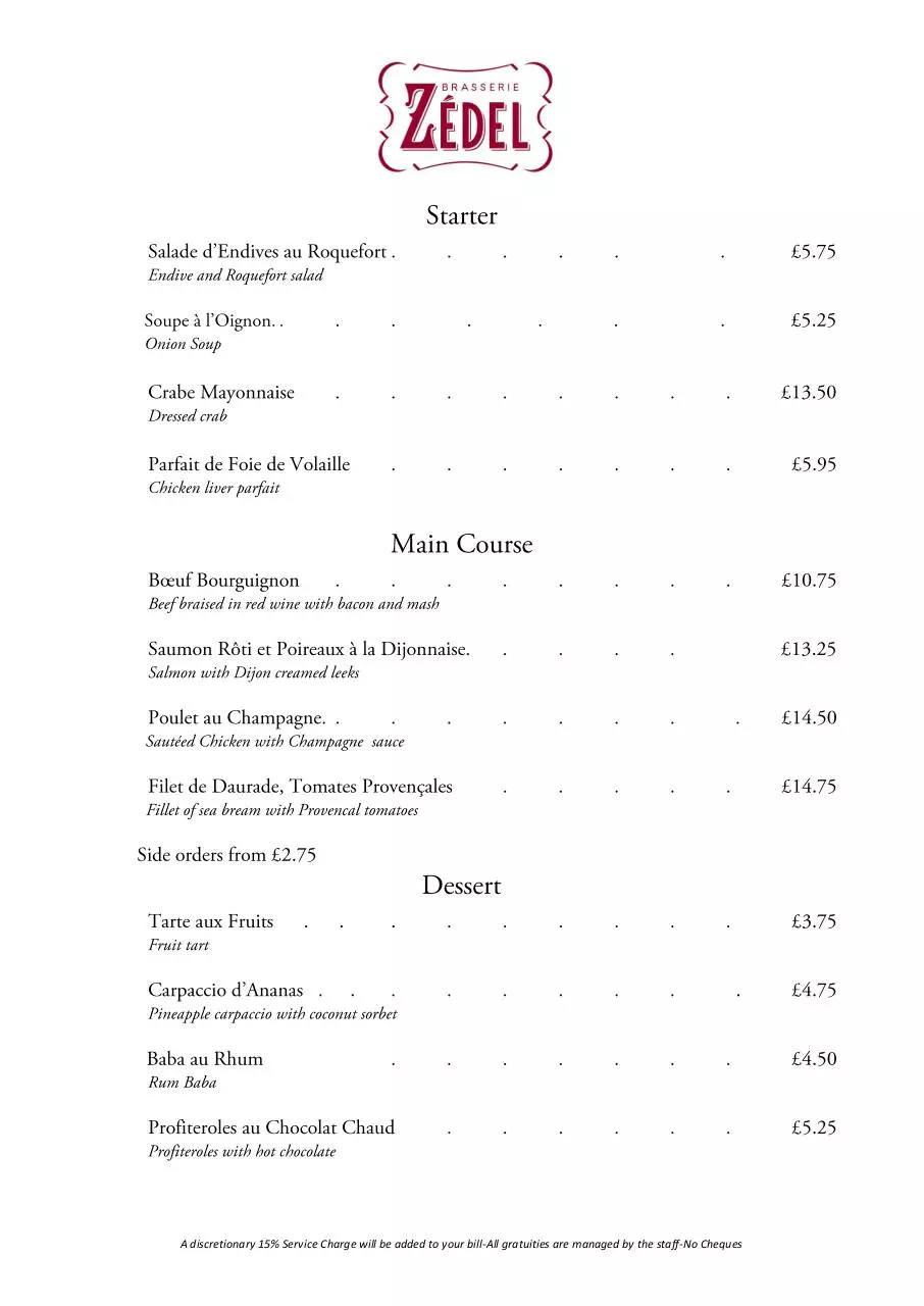 Page 1 of 1, Zedel sample menu