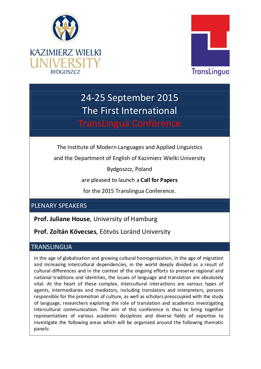Document preview TransLingua2015 CALL FOR PAPERS.pdf - page 1/3