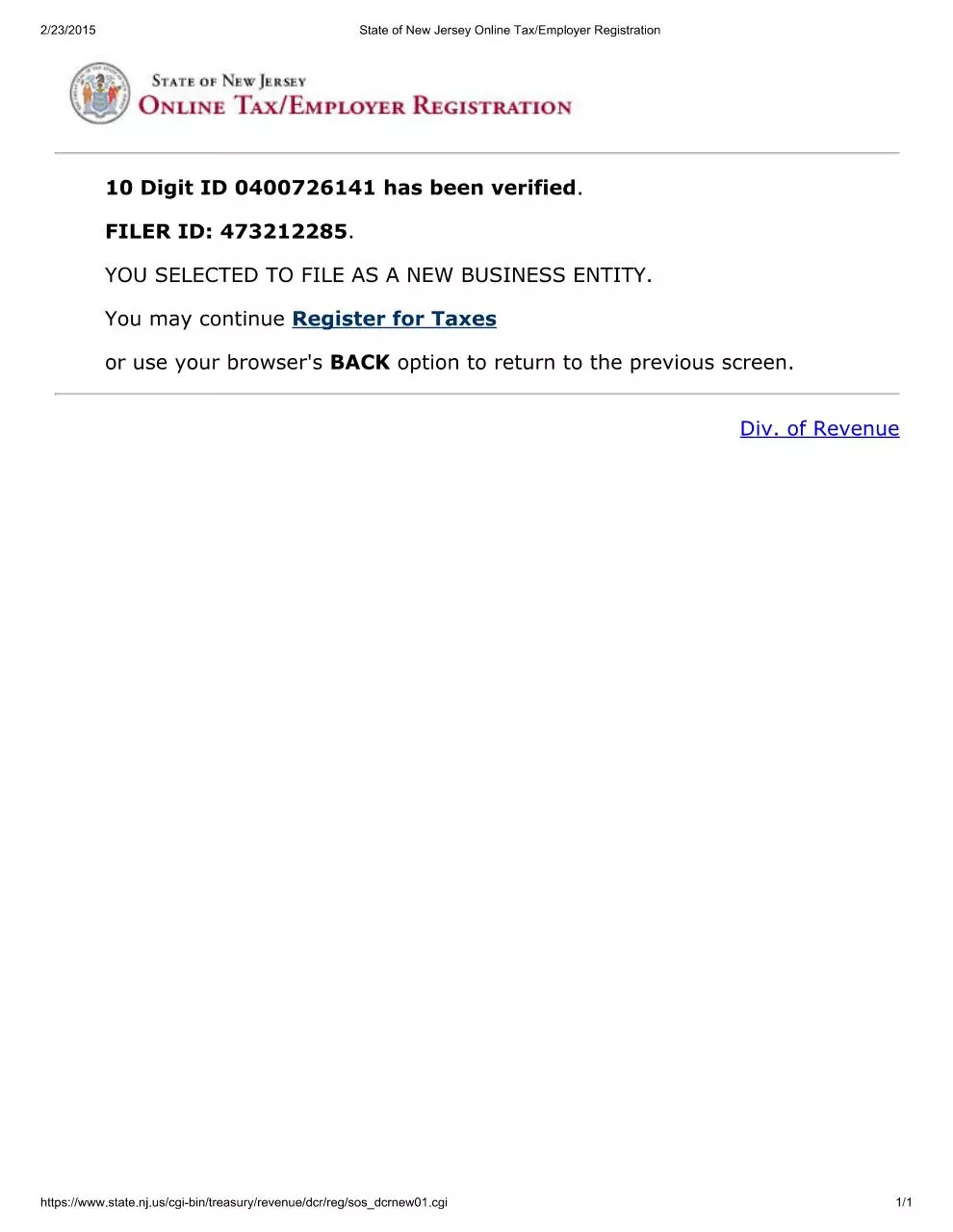 Page 1 of 1, Employer Registration