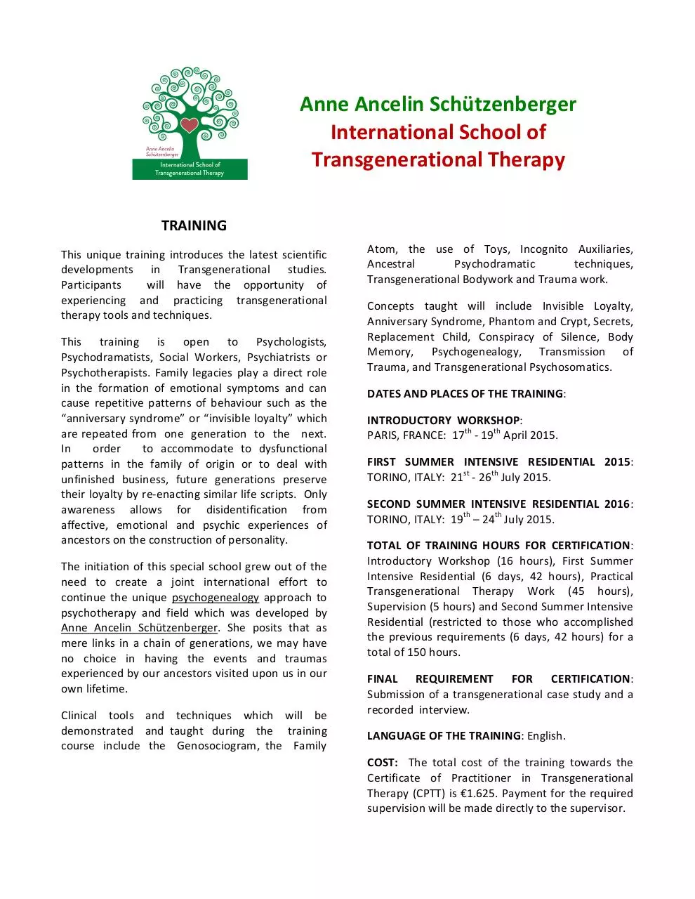 Page 1 of 3, FLYER SCHOOL TRANSGENERATIONAL THERAPY