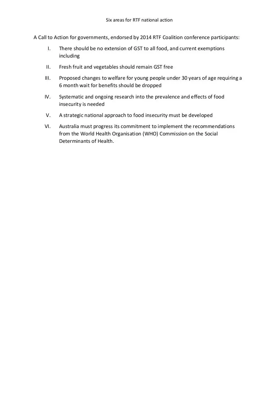 Page 1 of 1, Six areas for RTF action