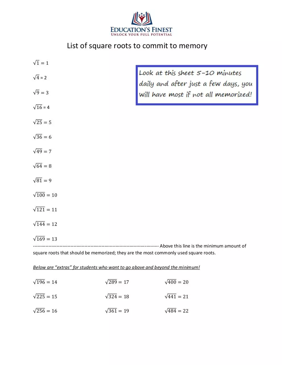 Page 1 of 1, Square roots list