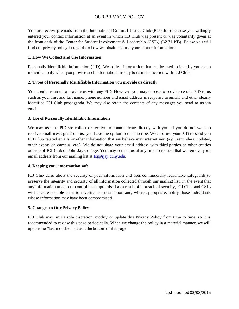 Page 1 of 1, ICJ Club Privacy Policy