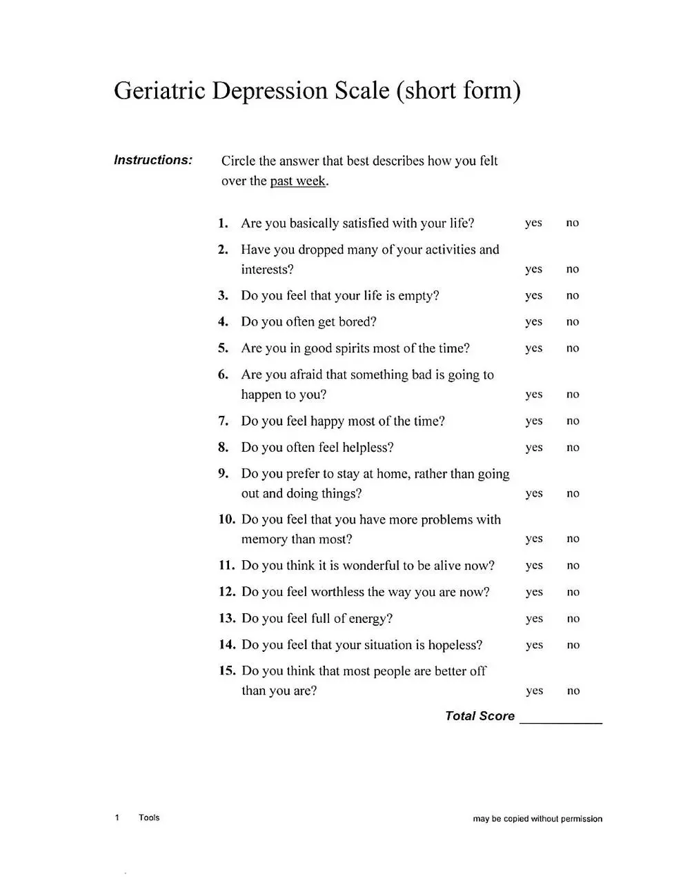 Page 1 of 3, Geriatric Depression Scale