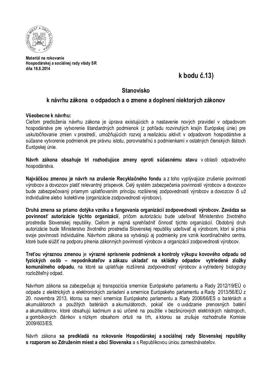 Document preview stanovisko ZMOS HSR SR 18.8. 2014 - kÃ³pia.pdf - page 1/4