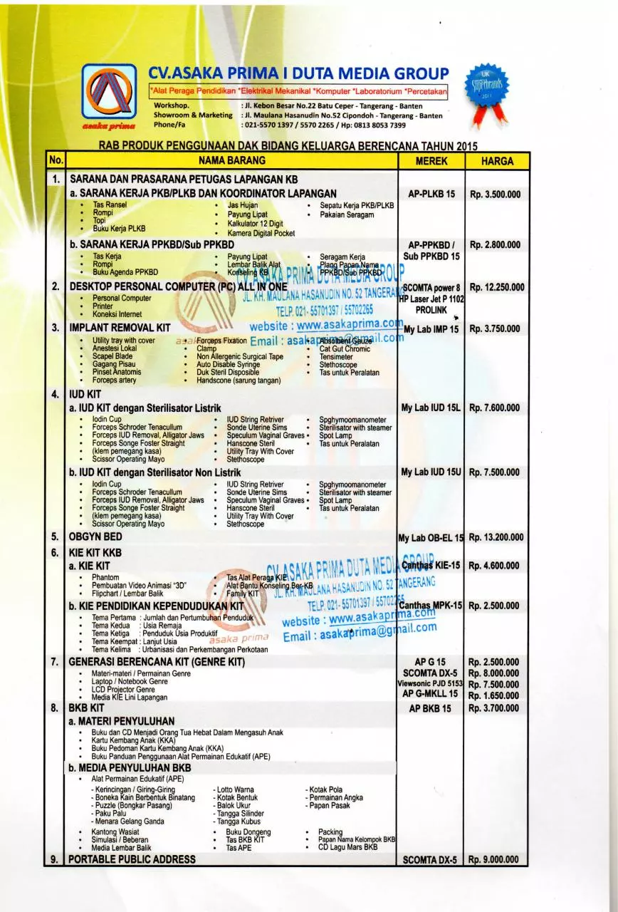 Page 1 of 1, PRODUK SESUAI JUKNIS DAK BKKbN 2015 CV.ASAKA PRIMA