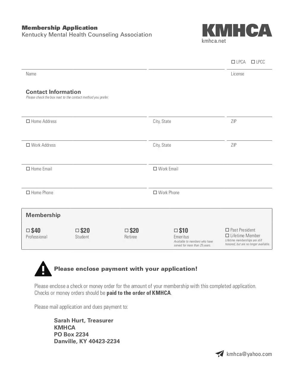 Page 1 of 1, KMHCA Membership Application