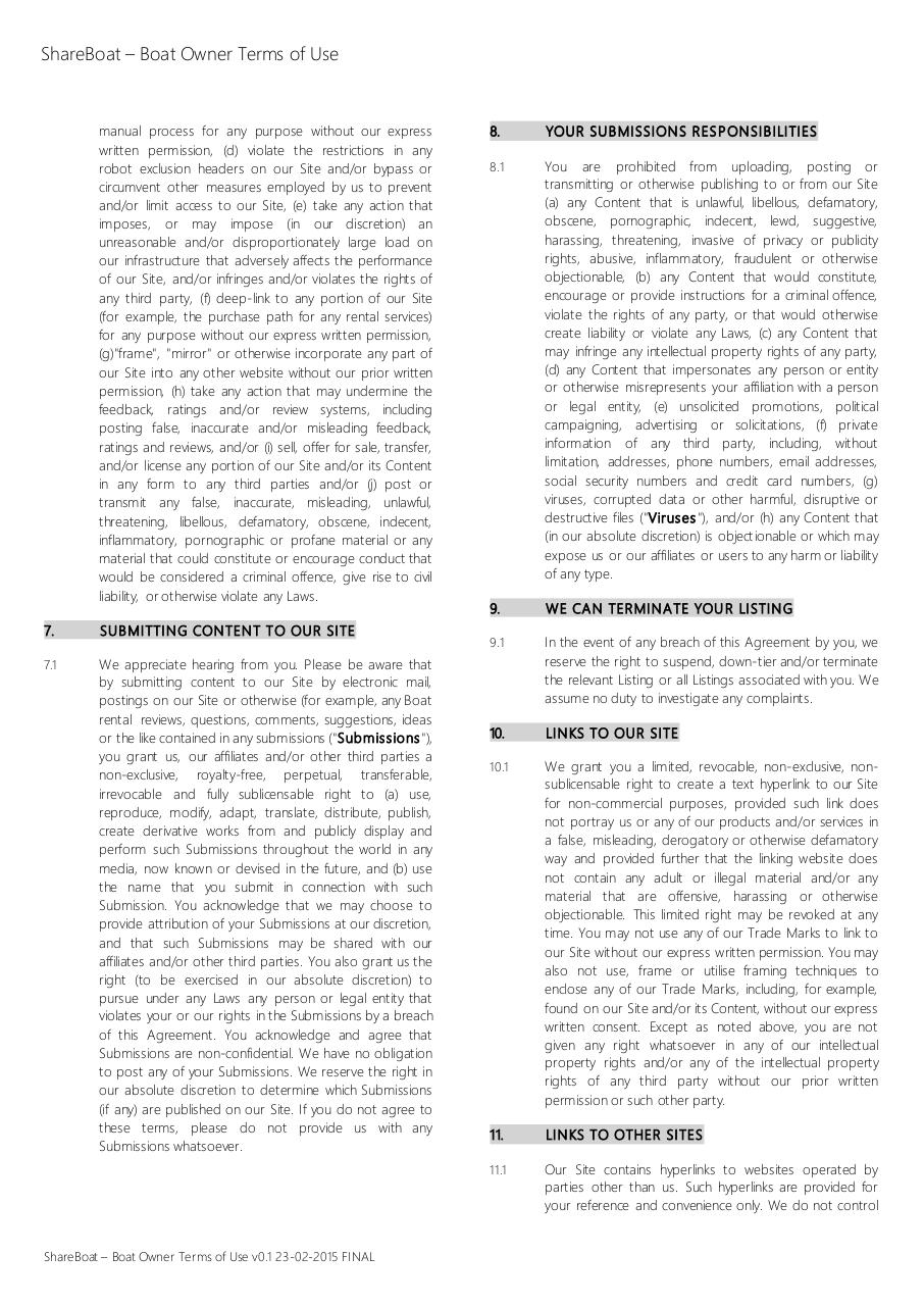 Document preview ShareBoat - Boat Owner Terms of Use v0.1 23-02-2015 FINAL.pdf - page 3/5