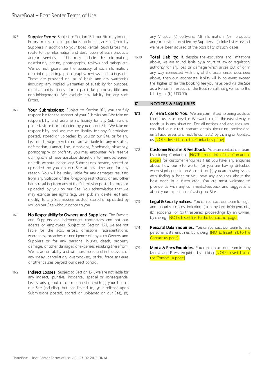 Document preview ShareBoat - Boat Renter Terms of Use v0.1 23-02-2015 FINAL.pdf - page 4/4