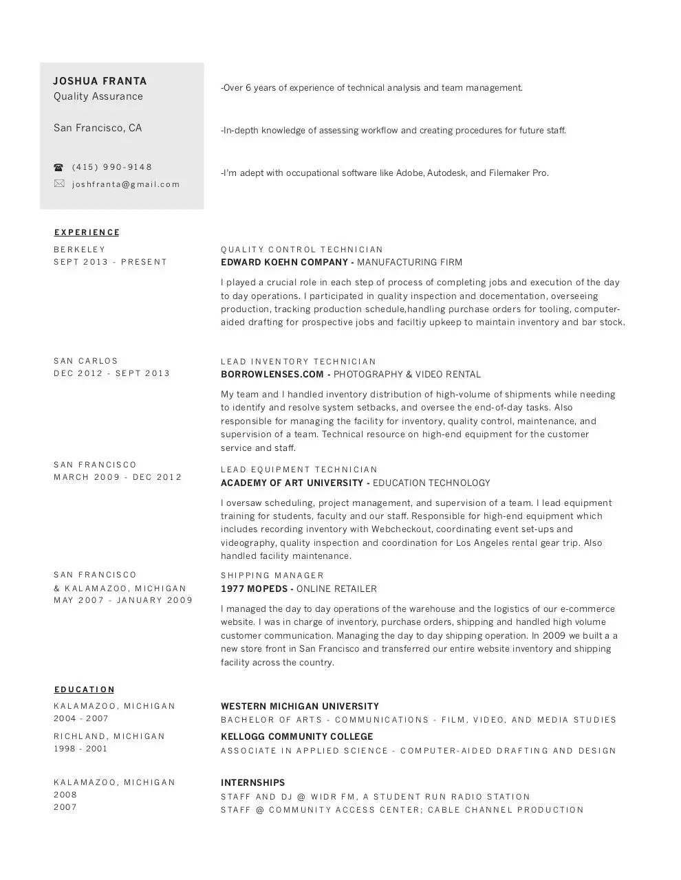 Page 1 of 1, Josh Franta Resume
