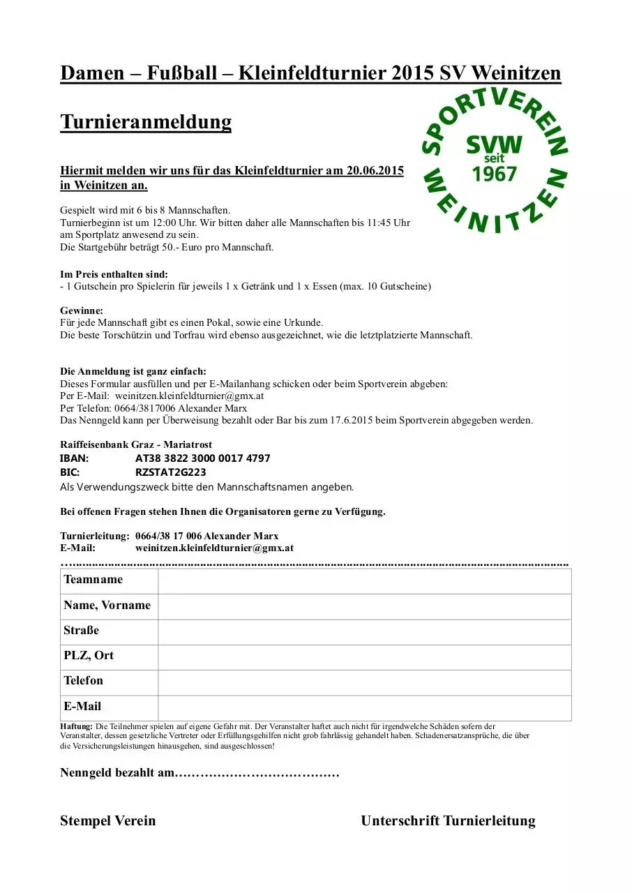 Page 1 of 1, Anmeldeformular Kleinfeldturnier Damen