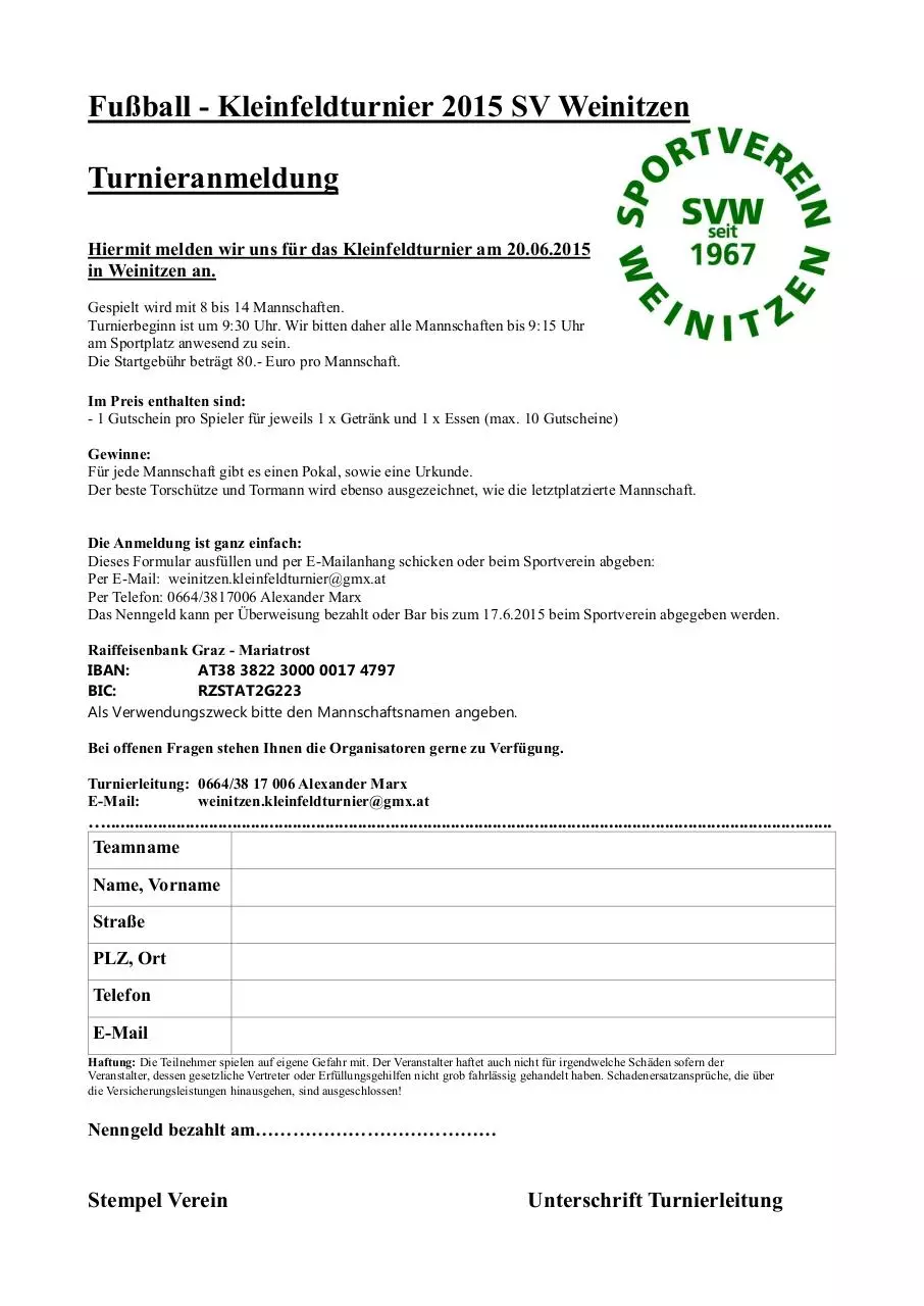 Page 1 of 1, Anmeldeformular Kleinfeldturnier Herren
