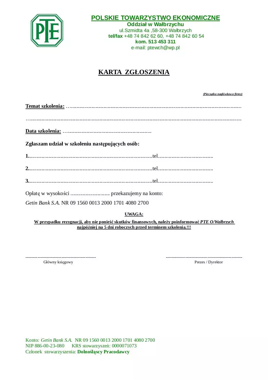 Page 1 of 1, Karta zgłoszeniowa