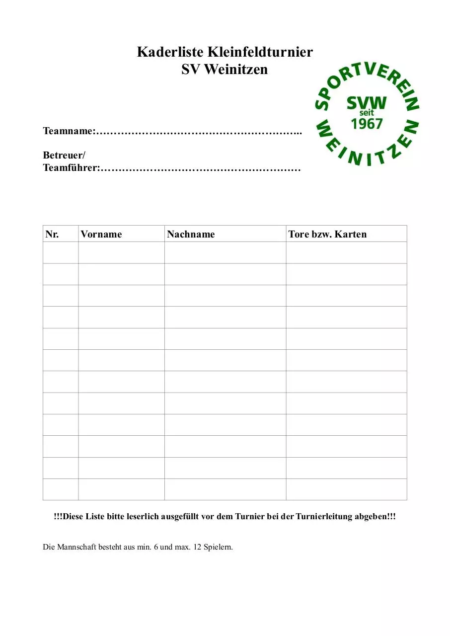 Page 1 of 1, Mannschaftskader Kleinfeldturnier