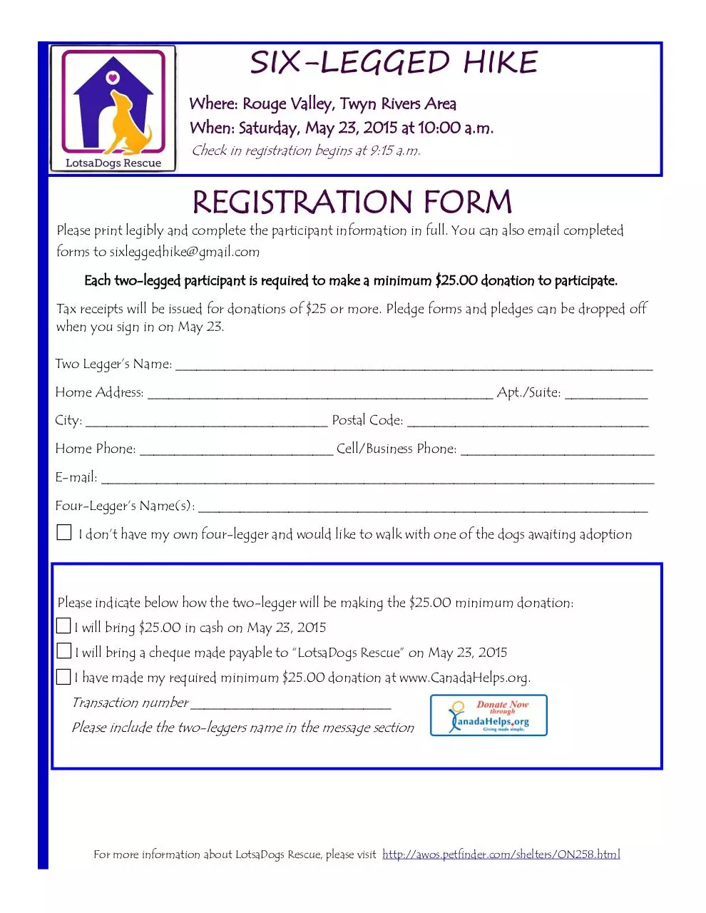 Page 1 of 1, LDR Six Legged Hike 2015 Registration Form