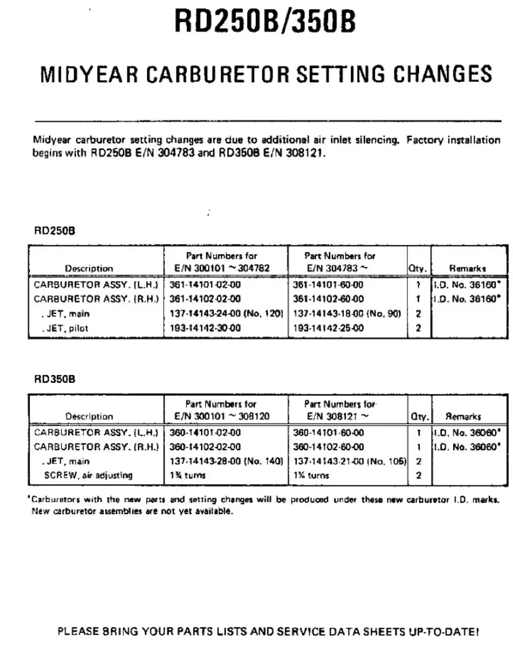 Page 1 of 1, Carburetor setting changes