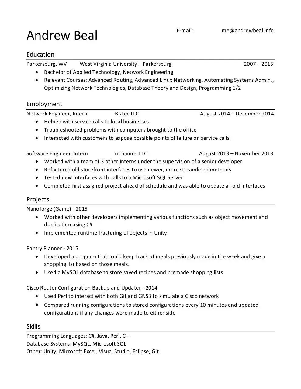 Page 1 of 1, Andrew Beal Resume online