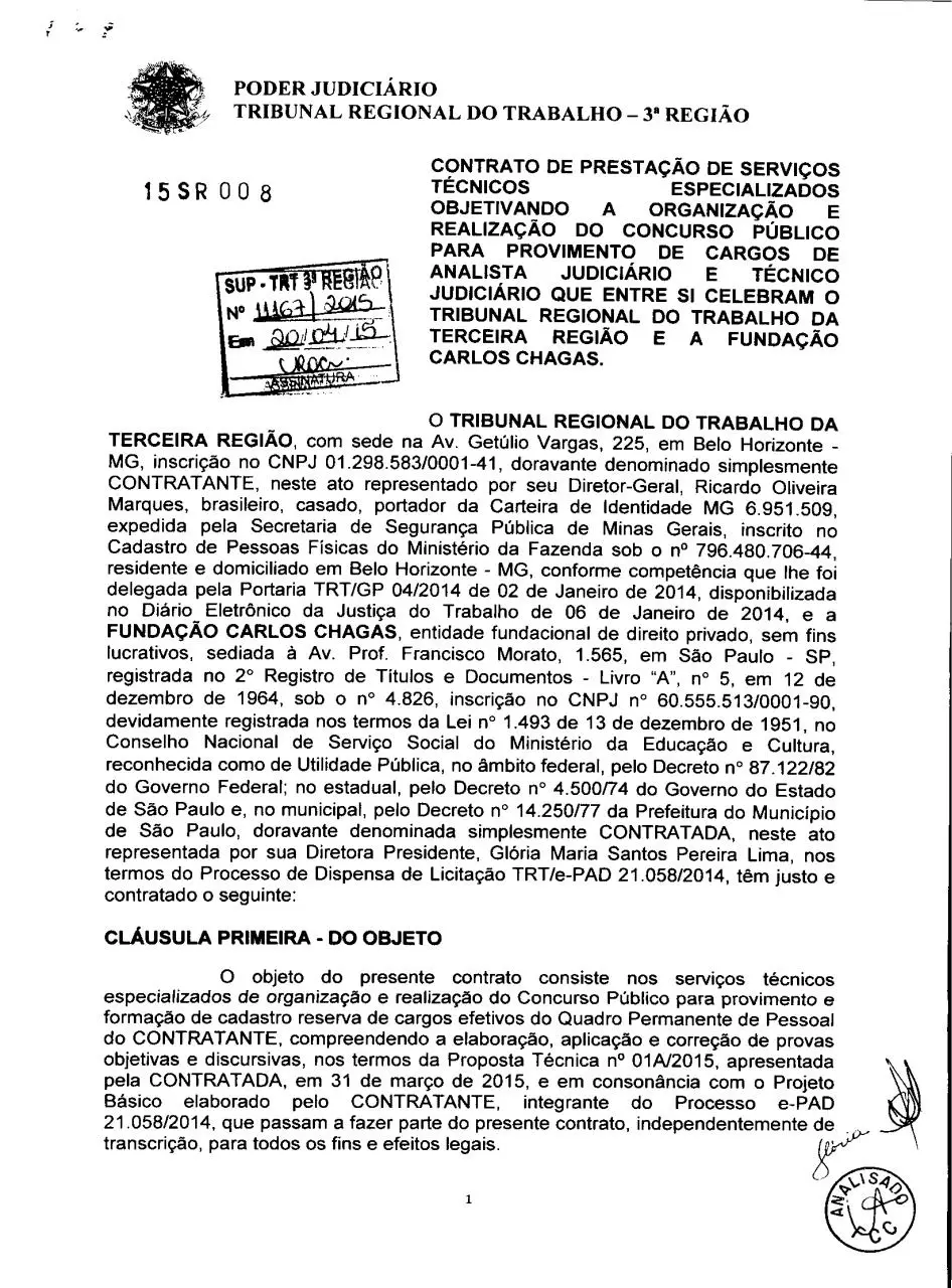 Page 1 of 20, Contrato TRT MG FCC