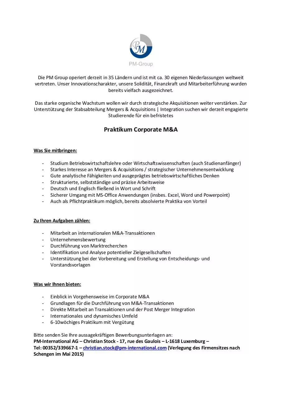 Page 1 of 1, Stellenausschreibung Praktikant M&A