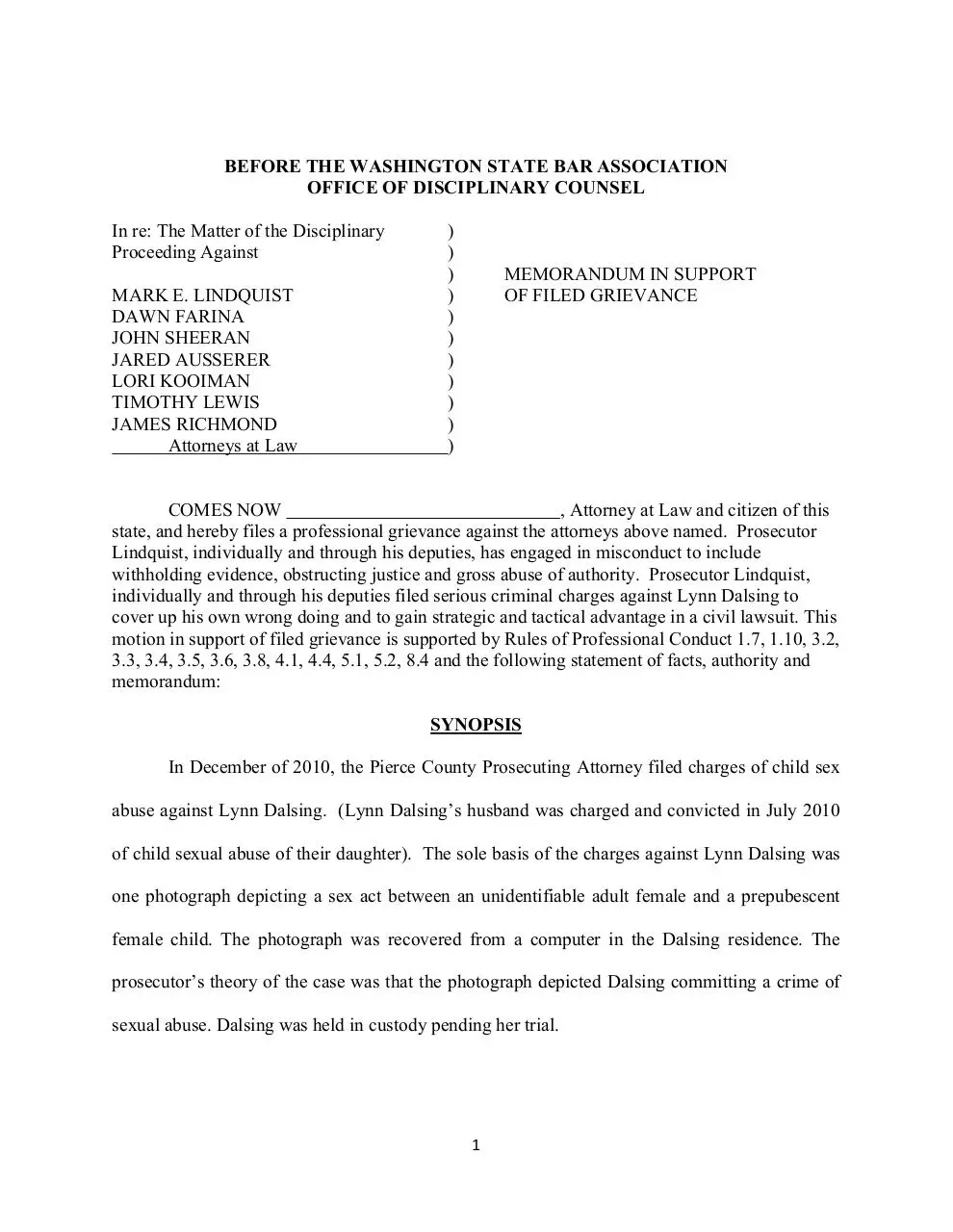 Page 1 of 103, Final Bar Complaint against Mark Lindquist 06 11 15