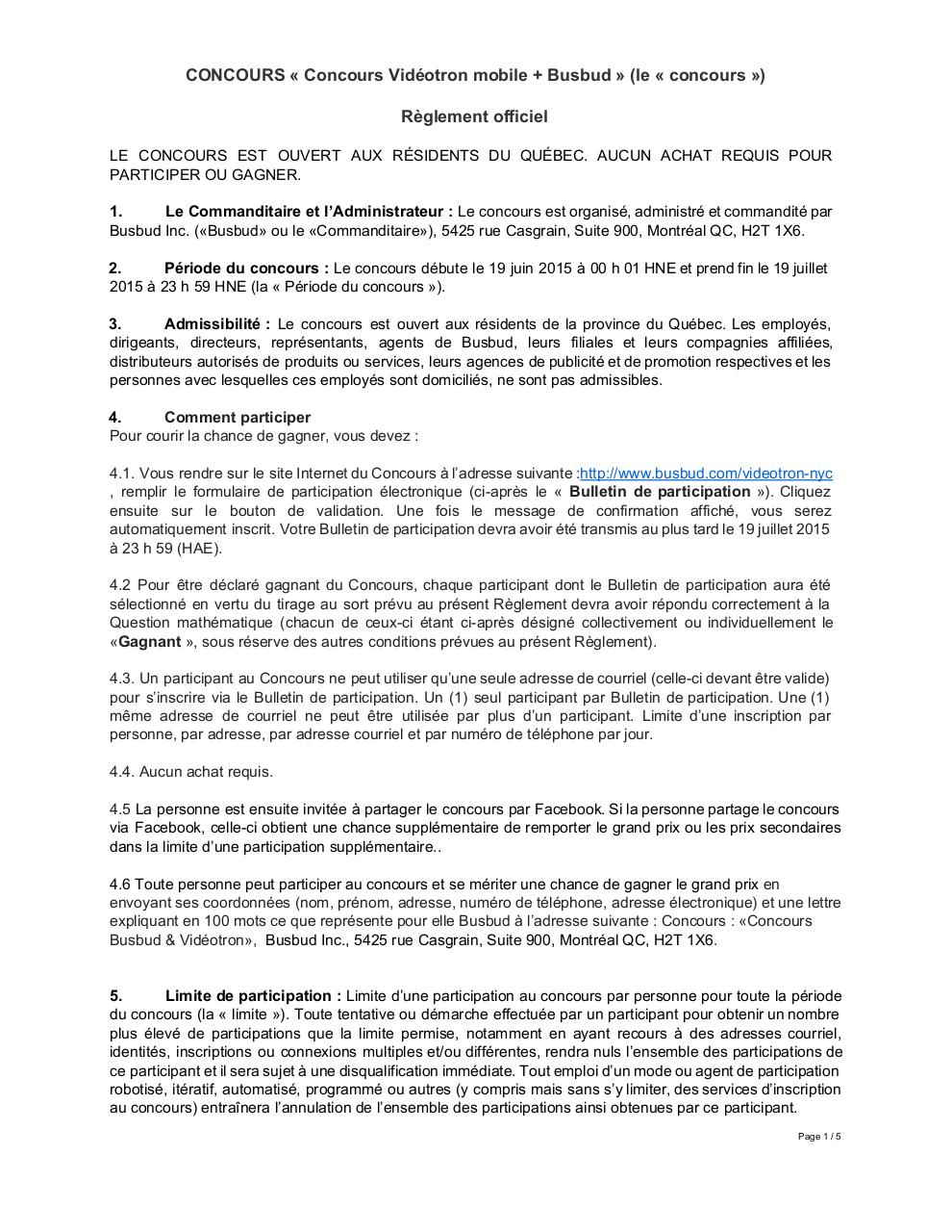 Document preview RÃ¨glements concours VidÃ©otron mobile + Busbud - Juin 2015.pdf - page 1/5