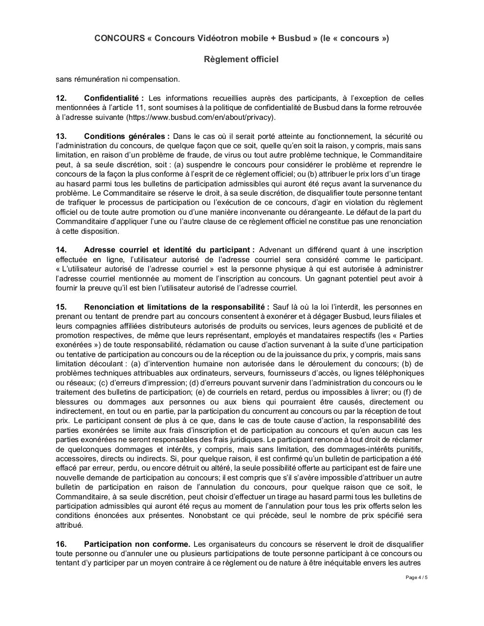 Document preview RÃ¨glements concours VidÃ©otron mobile + Busbud - Juin 2015.pdf - page 4/5