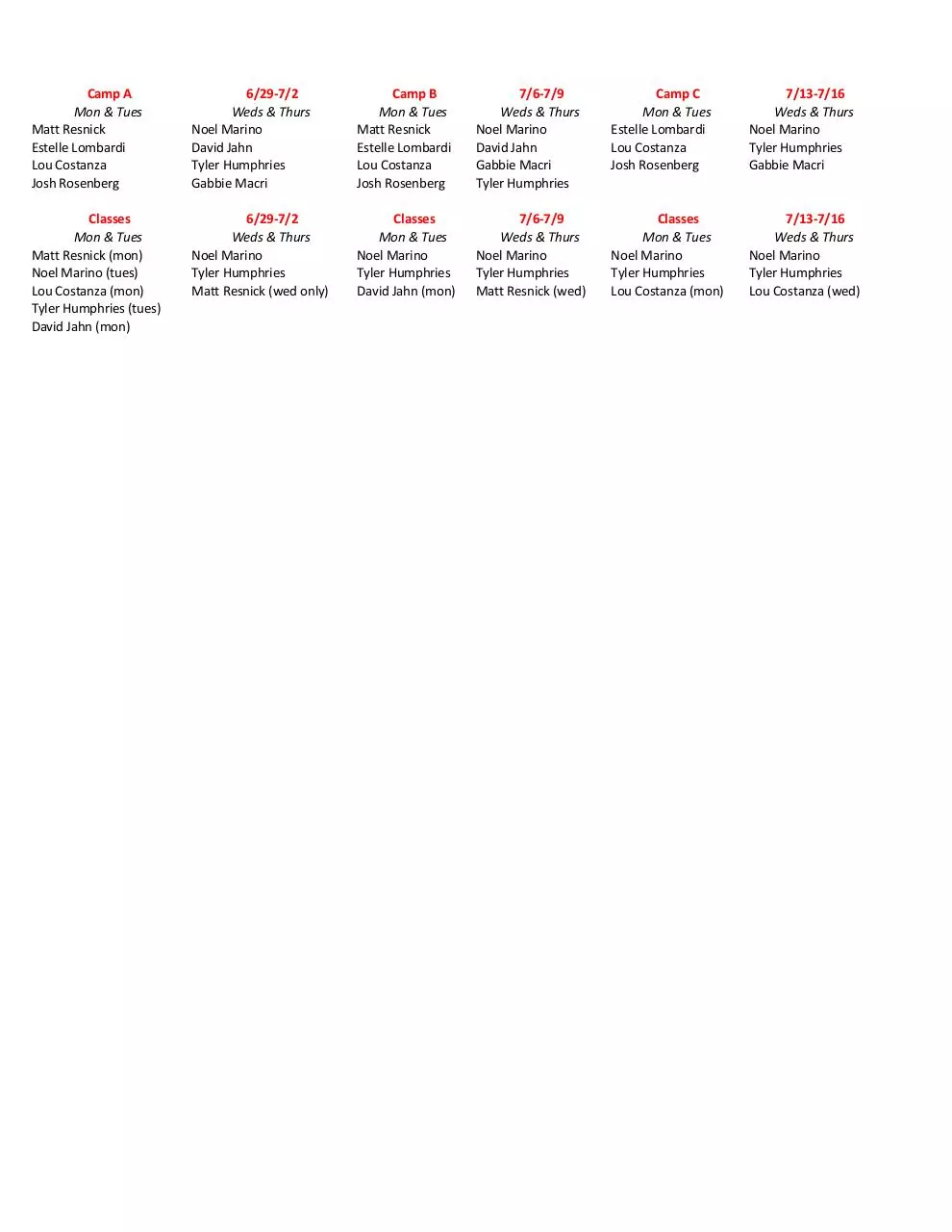 Page 1 of 1, Summer Boot Camp Hours 2015