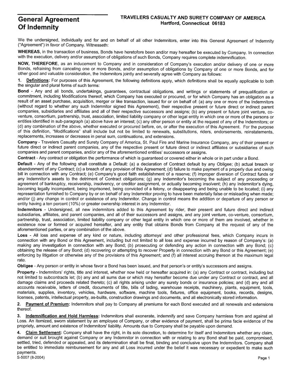 Page 1 of 7, GENERALINDEMNITYAGREEMENTTRAVLERS