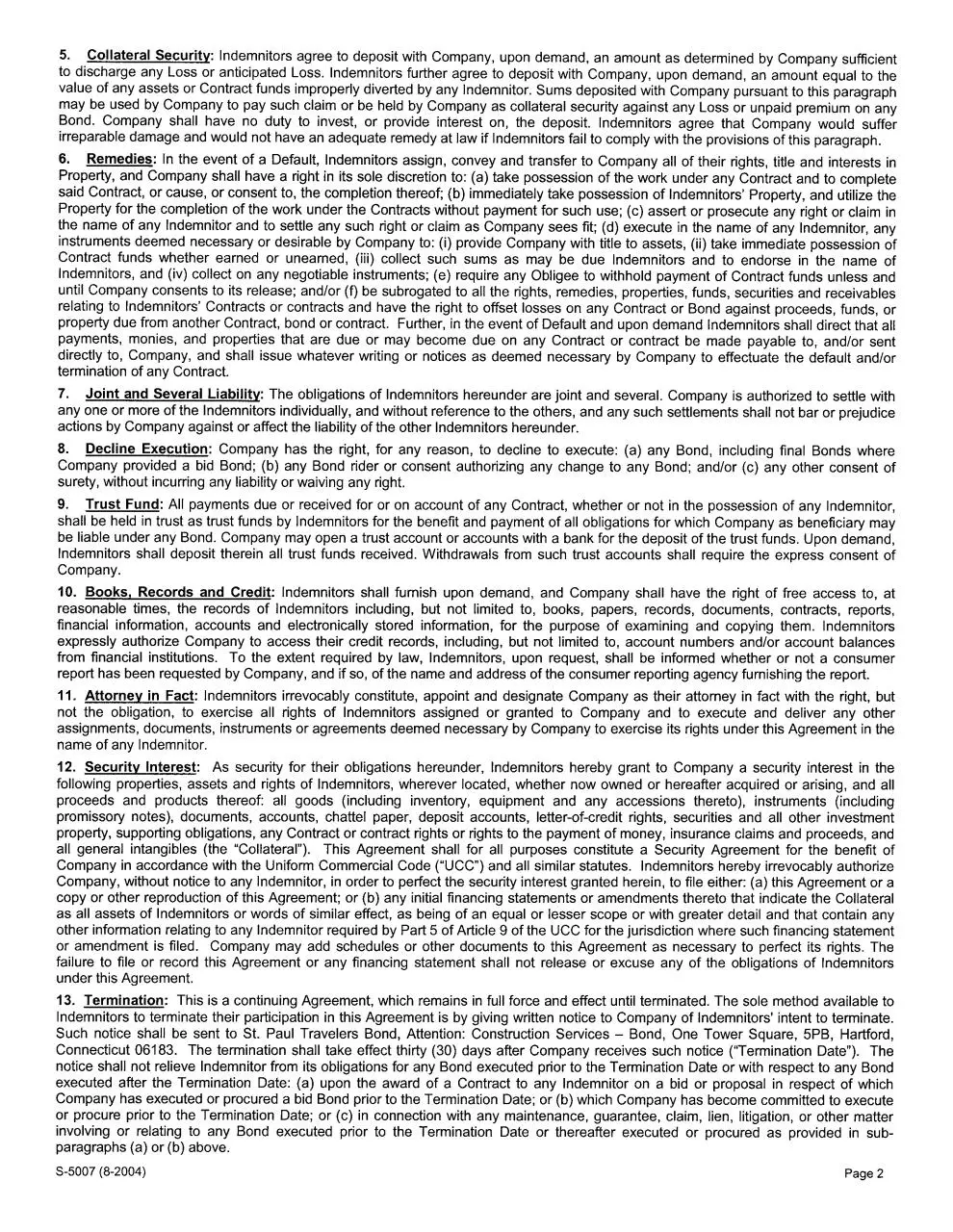 Page 2 of 7, GENERALINDEMNITYAGREEMENTTRAVLERS